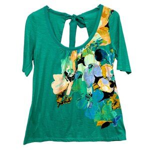 Anthro Akemi+Kin Floral Blouse Top Open Back Green Size S Viscose Blend